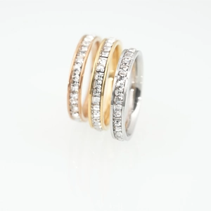 Three-piece set of titanium steel rings with square-cut clear crystals in gold and silver