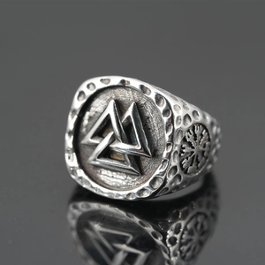 Nordic Viking Valknut Vegvisir Stainless Steel Ring Vintage Hammered Punk Hip Hop Mythology Signet Ring For Men Women