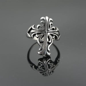 Retro hollow cross ring in titanium steel with gothic vintage oxidized silver finish