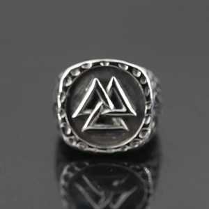 Vintage Viking Valknut ring in silver stainless steel with hammered edge for men