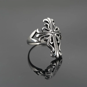 Gothic punk style cross ring in silver titanium steel with retro vintage engraved patterns
