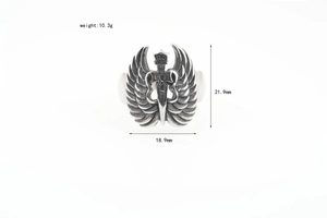 Macro detail of silver angel wing sword ring showing 10.3g weight and 21.9mm dimensions