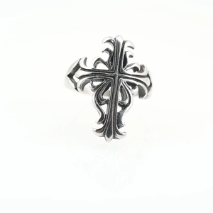 Gothic style cross ring in titanium steel with a vintage silver finish for men and women
