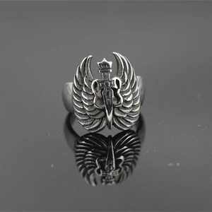 Gothic punk titanium steel angel wing ring with crown and cross sword emblem
