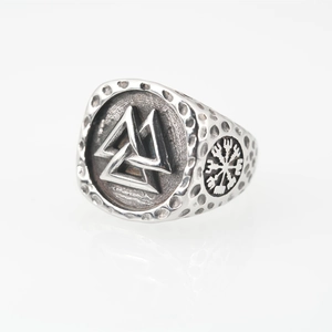 Vintage Nordic Viking Valknut ring in retro silver steel with embossed Vegvisir compass