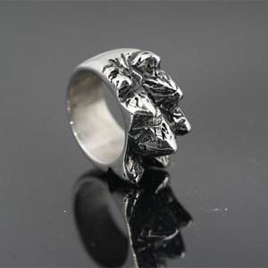 Retro stainless steel ring featuring unique 3D rock mountain texture and polished surface