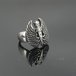 Gothic punk angel wings and dagger titanium steel ring for men in vintage silver finish