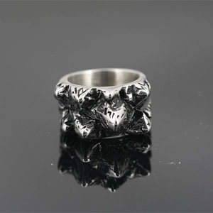 Retro stainless steel ring with 3D mountain texture and vintage silver finish