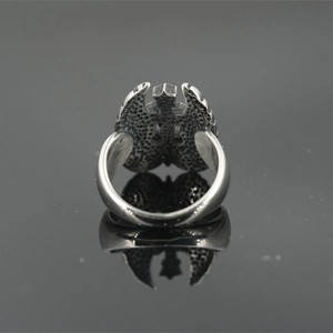 Retro punk angel wing titanium steel ring with vintage embossed details and silver finish