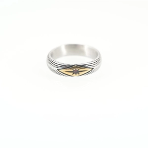 Vintage sunburst star steel ring with red stone and golden diamond shaped plate