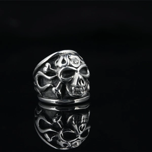 Gothic punk skull ring for men with white zircon stone inlay and retro metal texture