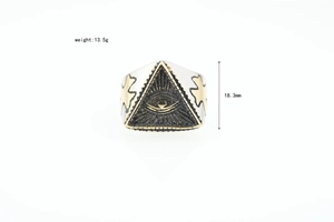 Detail view of Masonic All-Seeing Eye ring with 13.5g weight and 18.3mm height specs