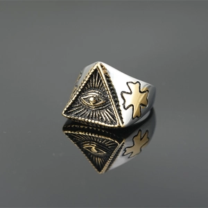 Vintage Punk Titanium Steel All Seeing Eye Ring Men Women Gold Silver Two Tone Pyramid Cross Gothic Mystical Signet Ring Jewelry