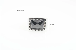 Detail view of retro titanium steel ring with black rectangular stone and measurements