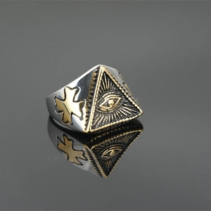 Punk vintage Eye of Providence stainless steel ring with golden pyramid and cross details
