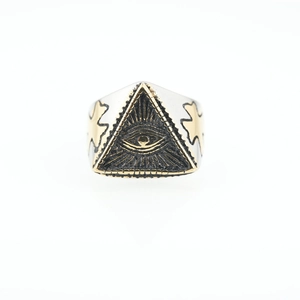Retro punk titanium steel Eye of Providence ring with golden cross carvings for men