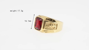 Macro detail of men's gold ring showing red gemstone, PiXiu carving and 16.1mm width