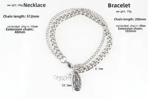 Detailed specs of stainless steel necklace and bracelet set with virgin mary pendant