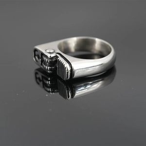 Unique industrial style silver lighter ring with vintage metallic finish and mechanical gears