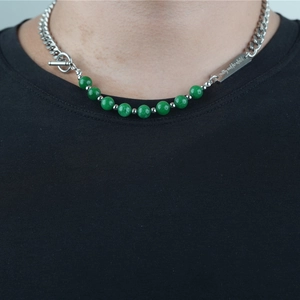 Vintage Titanium Steel Splicing Necklace Green Beads OT Toggle Clasp Engraved Tag Cuban Chain Unisex Hip Hop Jewelry