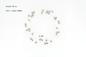 Detailed specs of the pearl and steel bead necklace with weight and length measurements