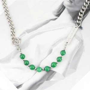 Titanium steel chunky chain necklace with green beads and OT toggle clasp
