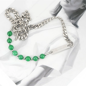 Unisex titanium steel Cuban chain necklace with green beads and poetry engraved tag