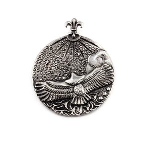 Retro titanium steel round eagle pendant with black crystal inlay and fleur-de-lis bail