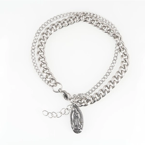 Vintage silver multi-layer Cuban chain bracelet with Virgin Mary pendant and lobster clasp