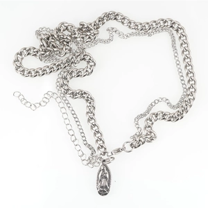 Vintage silver-tone stainless steel layered chain necklace with Virgin Mary relief pendant