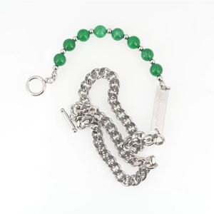 Titanium steel toggle necklace featuring green beads, Cuban chain and engraved plaque