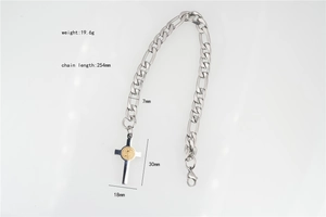 Silver Figaro chain necklace with golden medal cross pendant and detailed dimensions