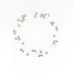 Elegant pearl and stainless steel bead necklace with a layered double-loop strand design