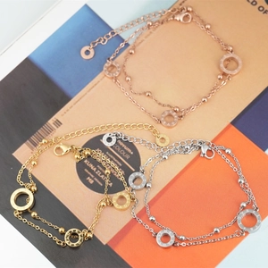 Bracciale a Doppia Catena in Acciaio al Titanio Con Ciondolo ad Anello Lettera Love Oro Rosa Perline Gioielli Minimalisti Donna Regalo