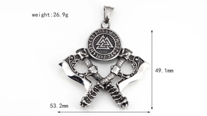 Macro shot of Viking Valknut pendant showing dimensions 49.1x53.2mm and 26.9g weight