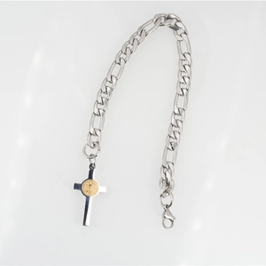 Retro titanium steel cross necklace with a golden St. Benedict medal on a Figaro chain