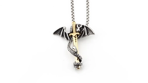 Detailed view of 3D dragon wrapped around golden sword pendant with silver chain