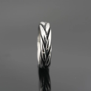 Vintage oxidized silver titanium steel ring with twisted wheat ear texture for men and women