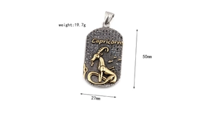 Détail macro du pendentif Capricorne argenté avec relief de chèvre doré et strass