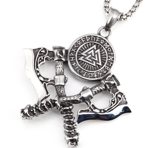 Retro Viking Necklace Stainless Steel Crossed Axes Shield Valknut Runes Pendant Nordic Mythology Jewelry For Men Women Vintage Silver