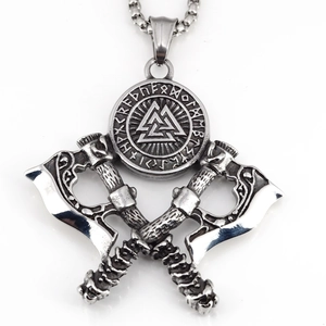 Nordic Viking double axe pendant necklace with runic shield and valknut symbol