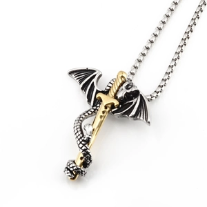 Gothic Punk Titanium Steel Dragon Wrapped Sword Pendant Necklace For Men Women Hip Hop Retro Fantasy Jewelry Accessory