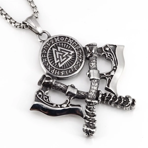 Nordic Viking necklace with crossed axes and Valknut rune pendant on a steel box chain
