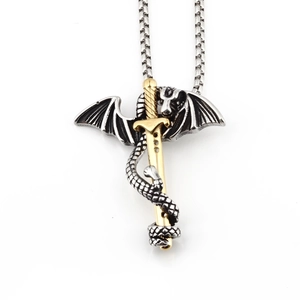 Retro hip hop pterodactyl dragon sword pendant on box chain stainless steel necklace