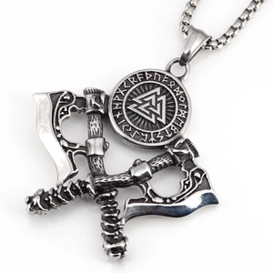 Viking axe and shield pendant necklace in silver stainless steel with Valknut symbol
