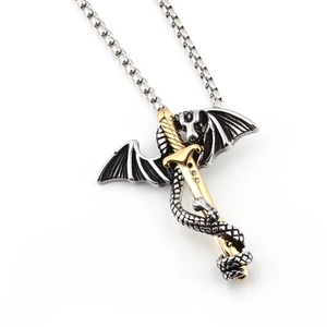 Retro punk dragon sword pendant necklace in silver and gold stainless steel for men