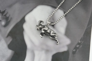 Detail of vintage ram head pendant in textured stainless steel on a silver box chain