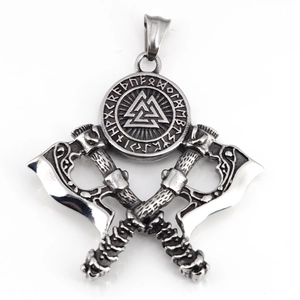 Silver Viking pendant with crossed axes and Valknut shield on stainless steel chain