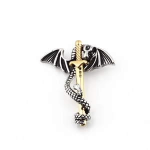 Retro dragon and sword pendant necklace in silver and gold finish for men