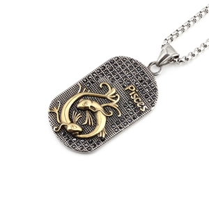 Collier rétro avec pendentif signe du zodiaque Poissons en acier inoxydable bicolore or et argent